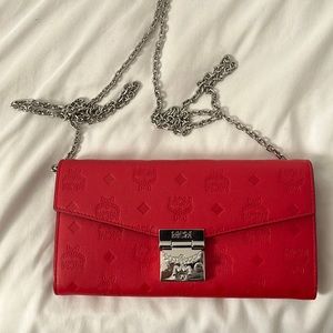 MCM Patricia Monogram Leather Chain Wallet in Red